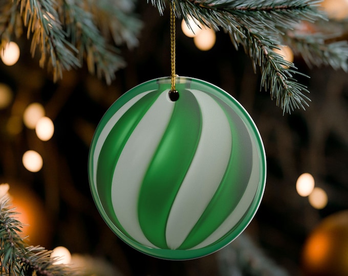 BellaStoria | Green Swirl Ball Ornament, Ceramic Holiday Ornament | Striped Christmas Decoration