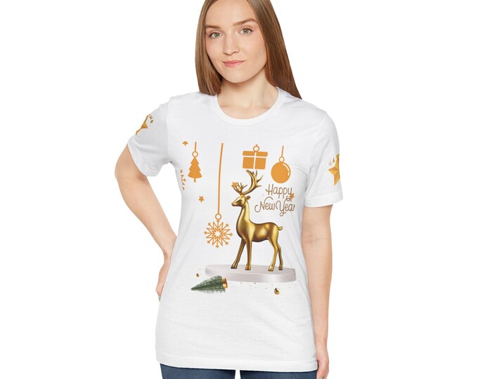 BellaStoria | Golden Reindeer Happy New Year T-Shirt | Holiday Deer Tee