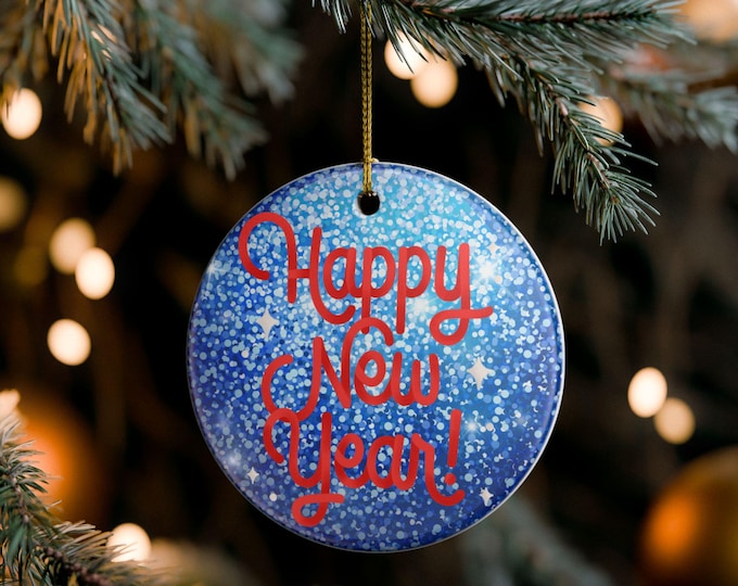 BellaStoria | Happy New Year Round Ceramic Ornament | New Year Decoration