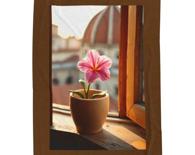 BellaStoria | Pink Potted Flower Blanket, Floral Velveteen Throw, Cozy Home Decor, Soft Blanket for Living Room, Bedroom Accent