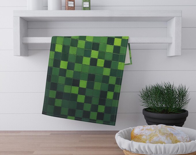 BellaStoria | Green Pixel Checkerboard Tea Towel | Modern Geometric Kitchen Linen