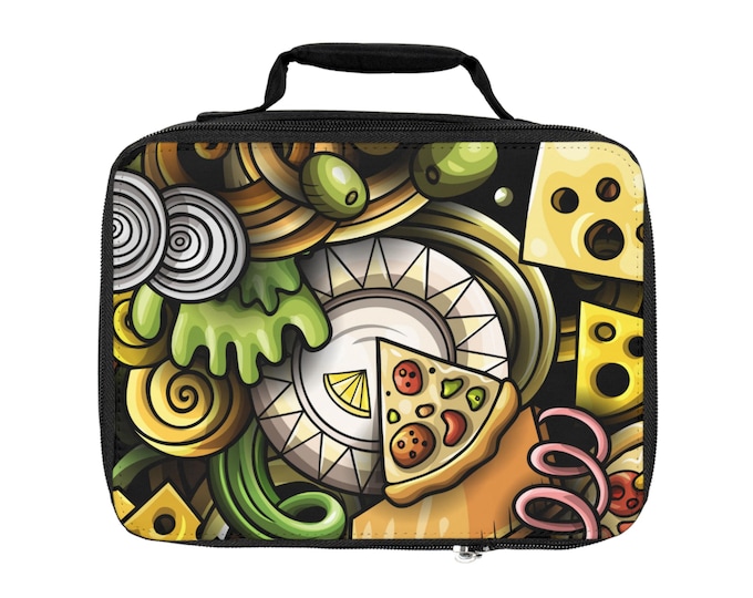 BellaStoria | Pizza Pattern Lunch Bag | Cute Food Doodle, Cheese & Veggie Design