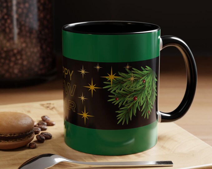 BellaStoria | Happy New Year Pine Branch Accent Coffee Mug | 11oz 15oz