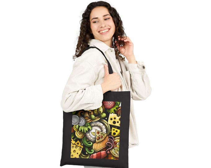 BellaStoria | Pizza and Cheese Doodle Tote Bag | Food Collage Canvas Tote