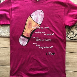 New Modern Tap T-shirts features an Authentic Tap Shoe in Adult Small, Medium, and Large in Berry and Blue