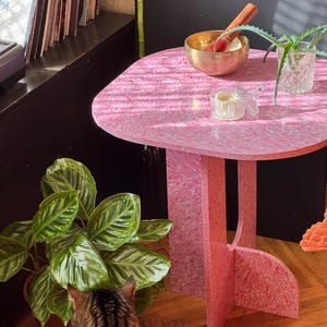May include: A pink, uniquely shaped side table with a speckled pattern. A brass singing bowl, a small candle, and a potted aloe vera plant sit on the table. A houseplant and a cat are in the foreground.