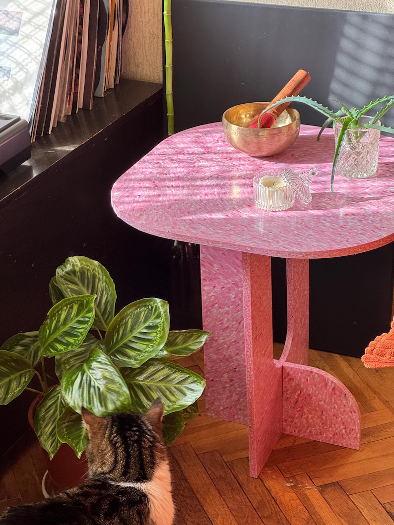 May include: A pink, uniquely shaped side table with a speckled pattern. A brass singing bowl, a small candle, and a potted aloe vera plant sit on the table. A houseplant and a cat are in the foreground.