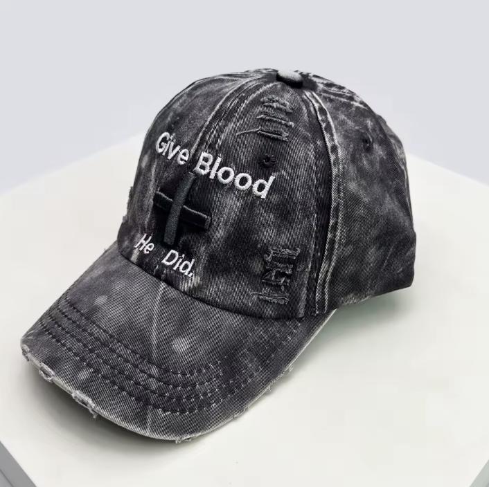 Vintage distressed "Give Blood He Did" hat – Unisex embroidered cross cap, Christian baseball cap, adjustable dad hat, faith streetwear
