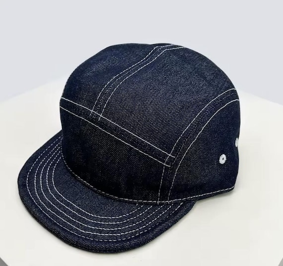 Denim 5 Panel Camp Cap – Vintage Workwear Flat Brim Hat Unisex | Retro Hip Hop Baseball Cap | Streetwear Gift for Him