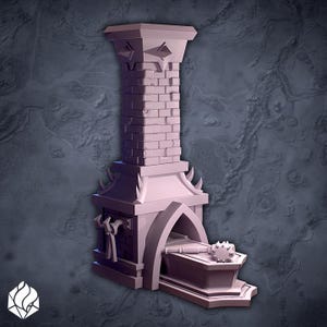 May include: A 3D-printed, light purple fantasy-themed structure. It features a tall, brick-like tower with decorative elements, an arched doorway, and a coffin-like structure with a mace. The design has a gothic aesthetic.
