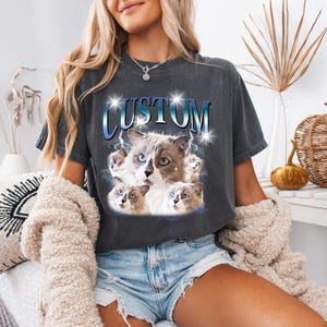 Unisex Custom Shirt Rotes Grafik-T-Shirt, Katzenmutter-Weinlese-Baumwollt-shirt, frohe Weihnachten Foto hier einfügen Geburtstagsmonat Geschenkidee für Mutter