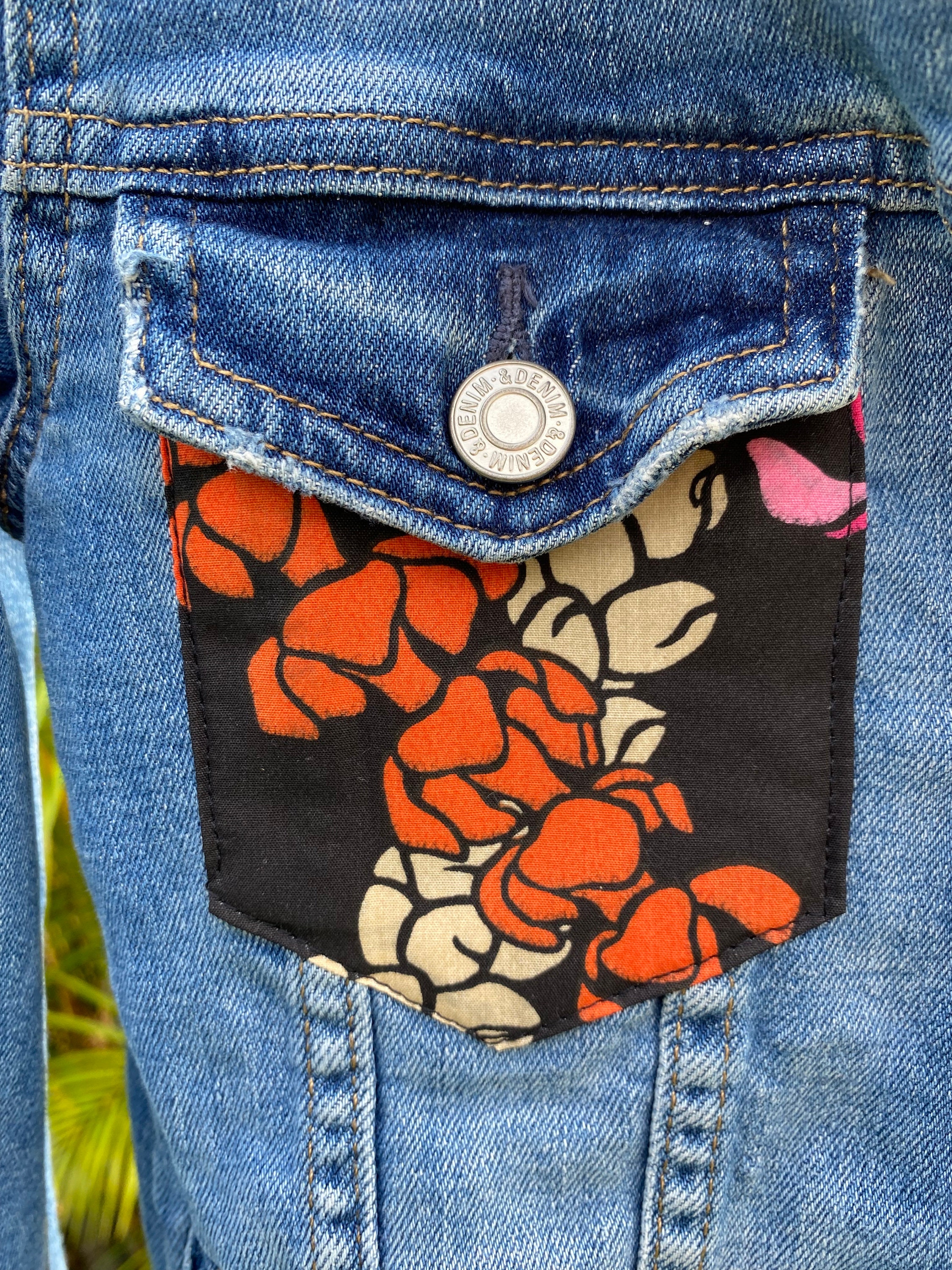 Upcycled Jeans Jacket Size 2 Hawaii Lei Print on Denim FREE 