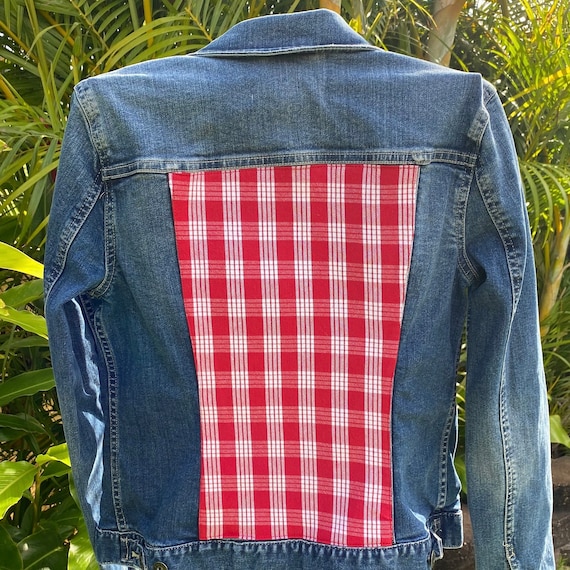 Upcycled Jeans Jacket - XS - Hawaii Red Palaka Print on Denim