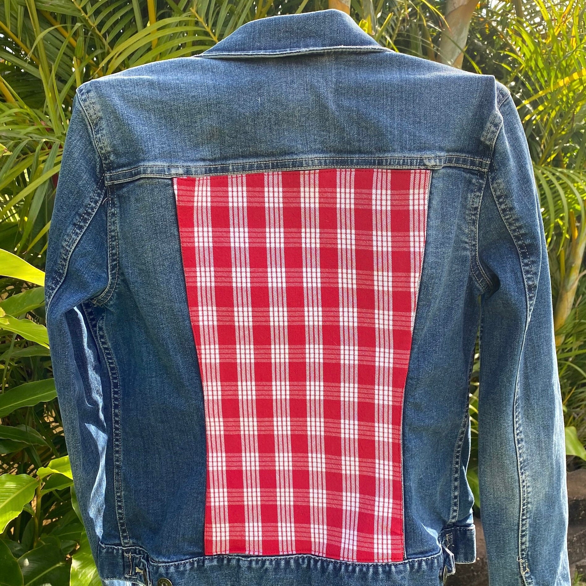 Upcycled Jeans Jacket - XS - Hawaii Red Palaka Print on Denim