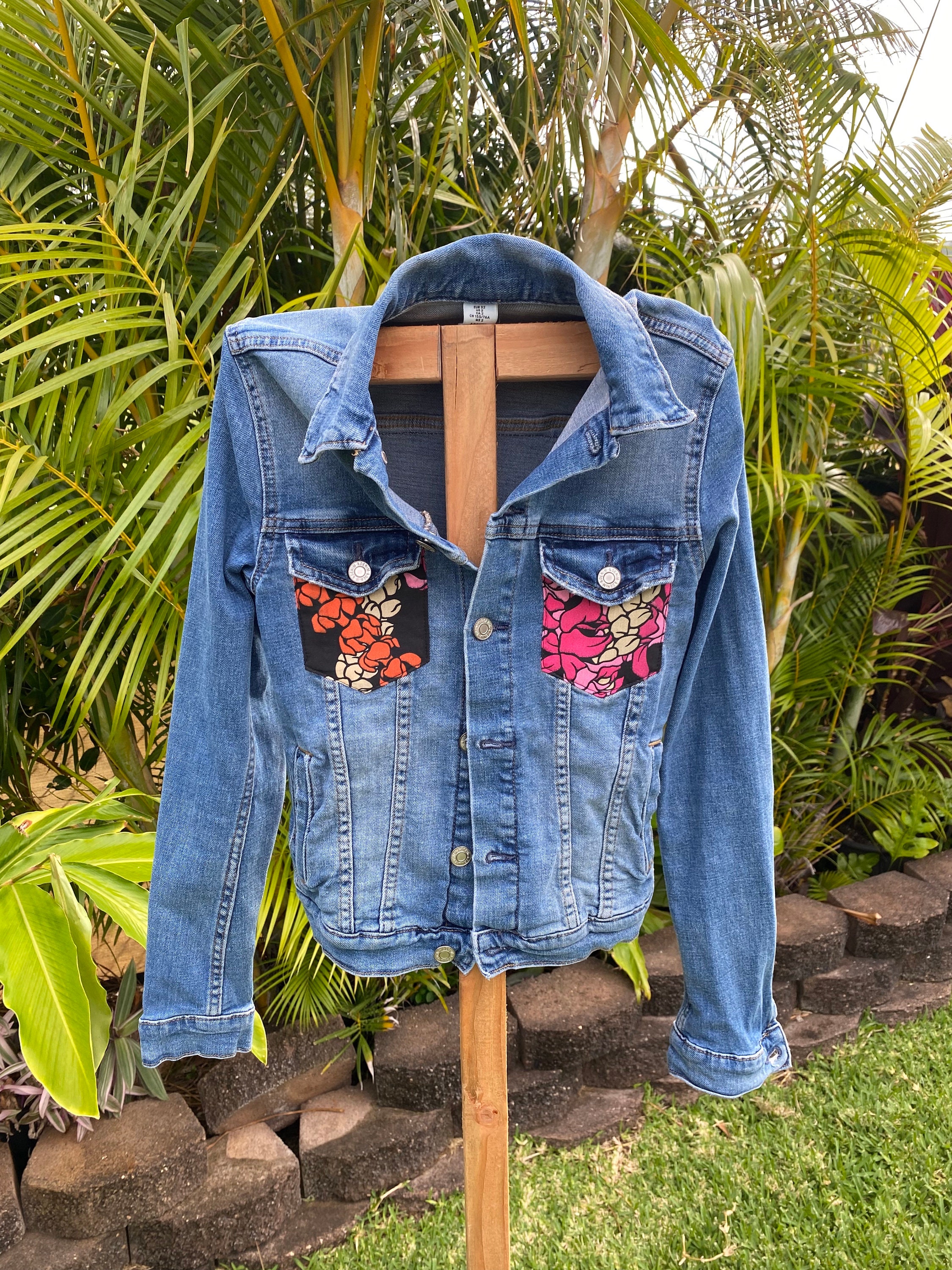 Upcycled Jeans Jacket Size 2 Hawaii Lei Print on Denim FREE 