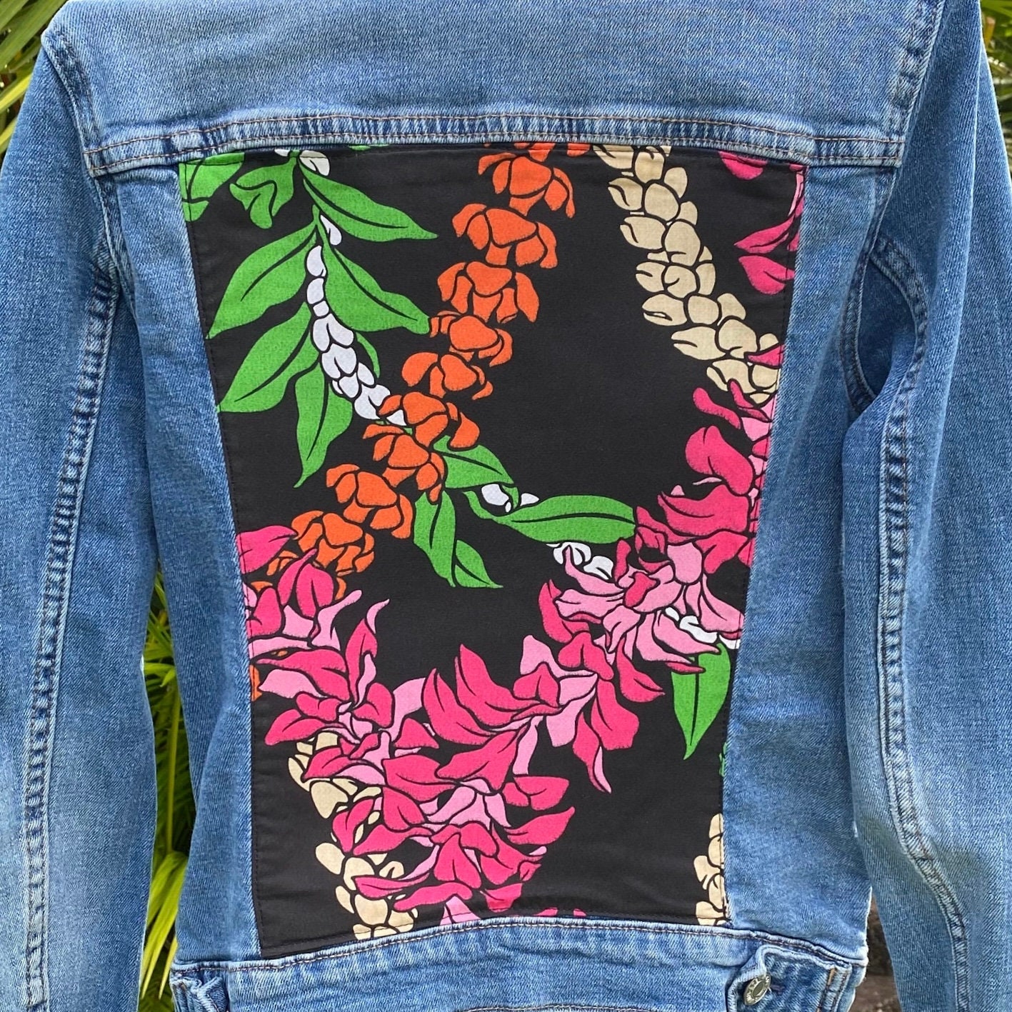 Upcycled Jeans Jacket Size 2 Hawaii Lei Print on Denim FREE 