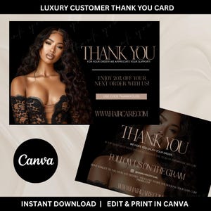 以下が含まれることがあります： 女性の姿が描かれた黒と金のサンキューカード。カードには「ありがとう」と「次の注文で20％オフ！コードはTHANKYOU20」の文字が書かれている。カードには「WWW.HAIRCARE.COM」の文字も書かれている。