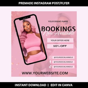 Könnte beinhalten: Rosa und weiße Instagram-Post-Vorlage mit einer Frau in einem rosa Outfit, die ein Telefon hält. Der Text auf dem Post lautet "BOOKINGS Now Available", "YOUR OFFER HERE", "10% OFF" und "WWW.YOURWEBSITE.COM".