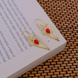 Red Coral Teardrop Triangle Dangle Earrings : Gold Plated Geometric Wire Drops - Birthday Gift for her