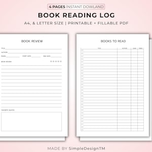 Registro de lectura de libros / Planificador de lectura de libros / Diario de lectura de libros / Rastreador de lectura / Libros para leer / Diario de lectura minimalista PDF / A4 + Carta estadounidense