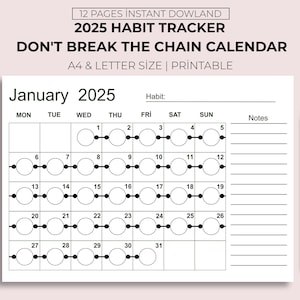 Calendario de seguimiento de hábitos "No rompas la cadena" 2025 / Planificador mensual minimalista imprimible / Formato A4 y carta (PDF) / Cuadro de motivación para objetivos diarios