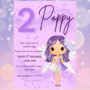 Purple Fairy Digital Invitation Template | Kids Birthday Invite | Editable template | Printable Birthday Invite |