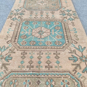 Wool 2x11 runner rug Skinny, Turkish runner 2x11, Vintage runner 2x11, Oushak runner 2x11, Turquoise runner rug, 2 wide runner rug neutral