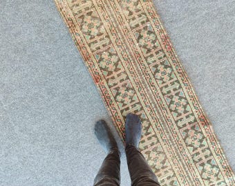 Wool 2x11 runner rug Skinny, Turkish runner 2x11, Vintage runner 2x11, Oushak runner 2x11, Patchwork runner rug, 2 wide runner rug neutral