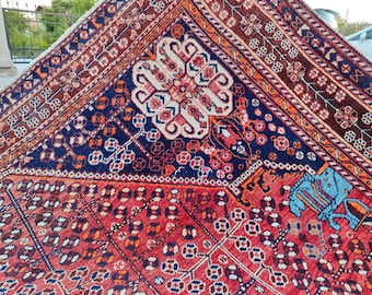 Navy 7x10 Antique Shiraz rug, Persian area rug 7x10, Heriz rug 7x10 vintage, Oversize oriental rug 7x10, Shiraz rug, Colorful turkish rug