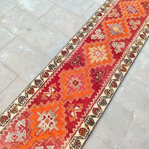 2x14 runner rug extra long, Skinny long runner red orange, Turkish 2x14 vintage runner, Persian heriz runner rug, Hallway long runner wool