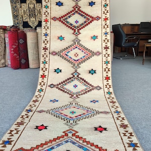 rare 3x15 extra long runner rug, Herki rug runner 3x15 vintage, Turkish 3x15 oushak runner white, Antique long runner persian Oriental heriz