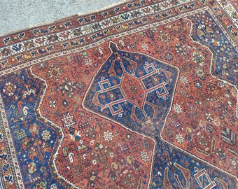 Coral 8x10 Tribal rug antique, Oversize rug, Heriz rug 8x10 vintage, Serapi rug, Geometric rug, Oriental rug 8x10, Living room rug 8x10 ft