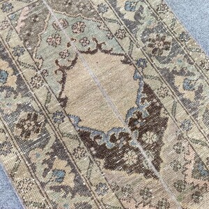 Puede incluir: Una alfombra rectangular de estilo vintage con aspecto envejecido. La alfombra presenta un panel central beige rodeado de bordes en tonos marrones, verdes y azules. Se aprecian patrones florales y geométricos.