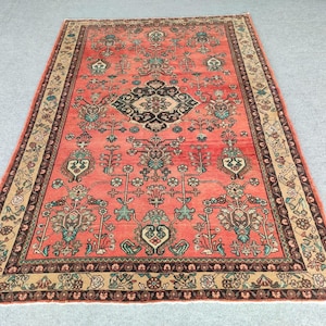 7x10 Persischer Teppich, Roter Teppich 7x10 Vintage, Roter antiker Teppich 200x30, Wohnzimmerteppich 200x30 orientalisch, Malayer Teppich, Heriz Teppich 7x10 bunt