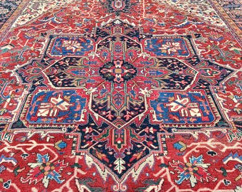 10x13 Heriz area rug, Oversize persian rug 10x13, Antique Serapi rug 10x13, Living room rug 10x13 vintage, Colorful Oriental rug, Furniture