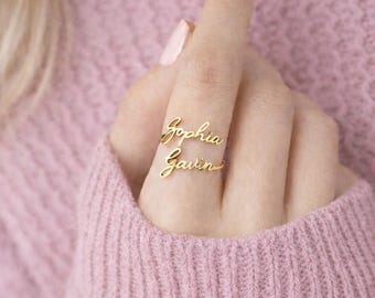 Bague double prénom • Bague deux prénoms en argent sterling, or et or rose • Cadeau personnalisé pour maman • Cadeau pour meilleure amie