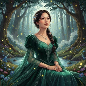 May include: An illustration of a woman in a green dress, seated in a forest. The dress has long sleeves and intricate detailing. The woman has dark hair styled in a braid, adorned with flowers. The background features a river, trees, and glowing lights.