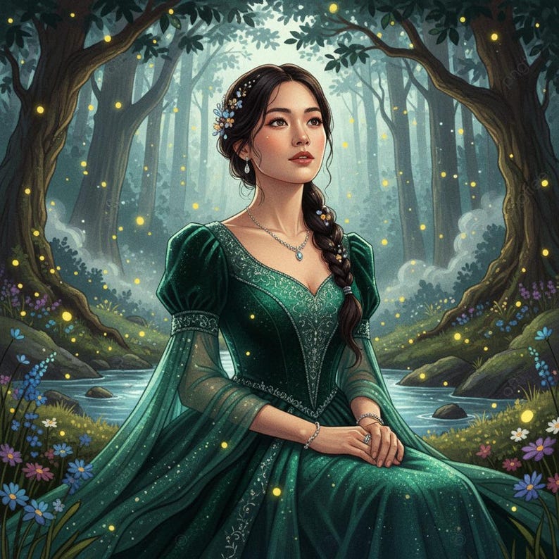 May include: An illustration of a woman in a green dress, seated in a forest. The dress has long sleeves and intricate detailing. The woman has dark hair styled in a braid, adorned with flowers. The background features a river, trees, and glowing lights.