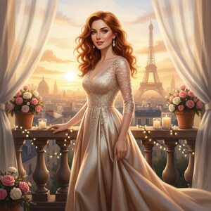 May include: A woman in a champagne-colored gown stands on a balcony overlooking Paris at sunset. The dress features a V-neckline and lace sleeves. The Eiffel Tower is visible in the background, along with potted flowers and candles.