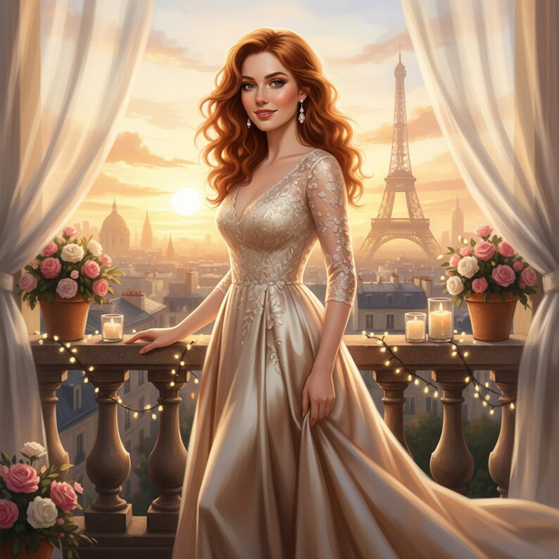 May include: A woman in a champagne-colored gown stands on a balcony overlooking Paris at sunset. The dress features a V-neckline and lace sleeves. The Eiffel Tower is visible in the background, along with potted flowers and candles.