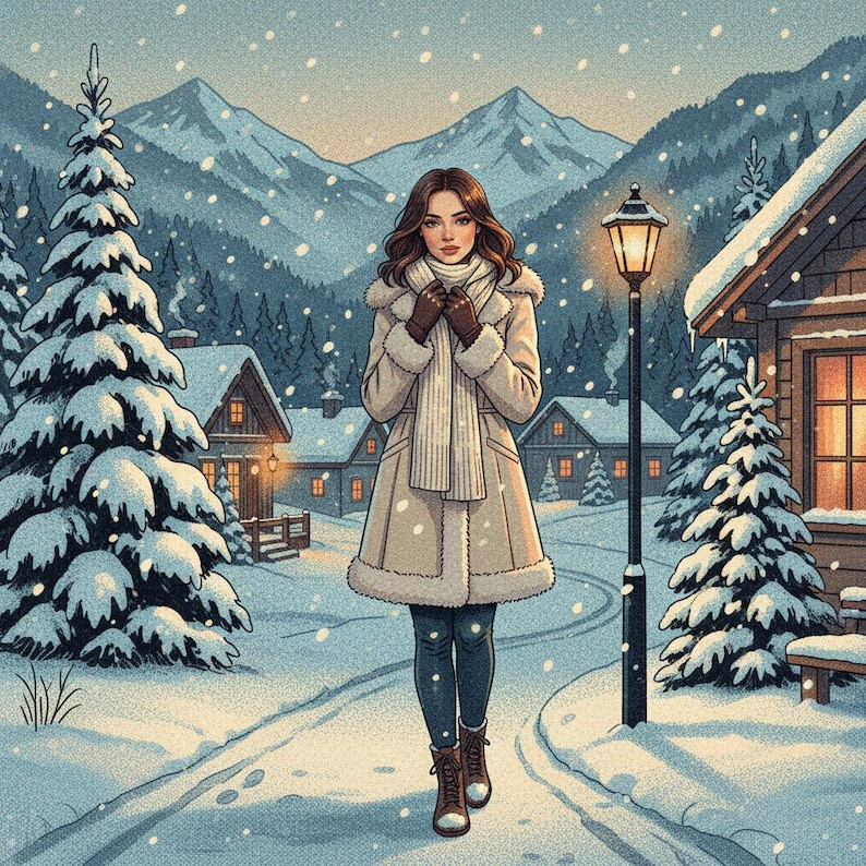 May include: Illustration of a person walking in a snowy winter scene. The person is wearing a beige coat with a fur-lined hood, a scarf, gloves, and boots. Snow-covered houses and evergreen trees line the path, with mountains in the background.