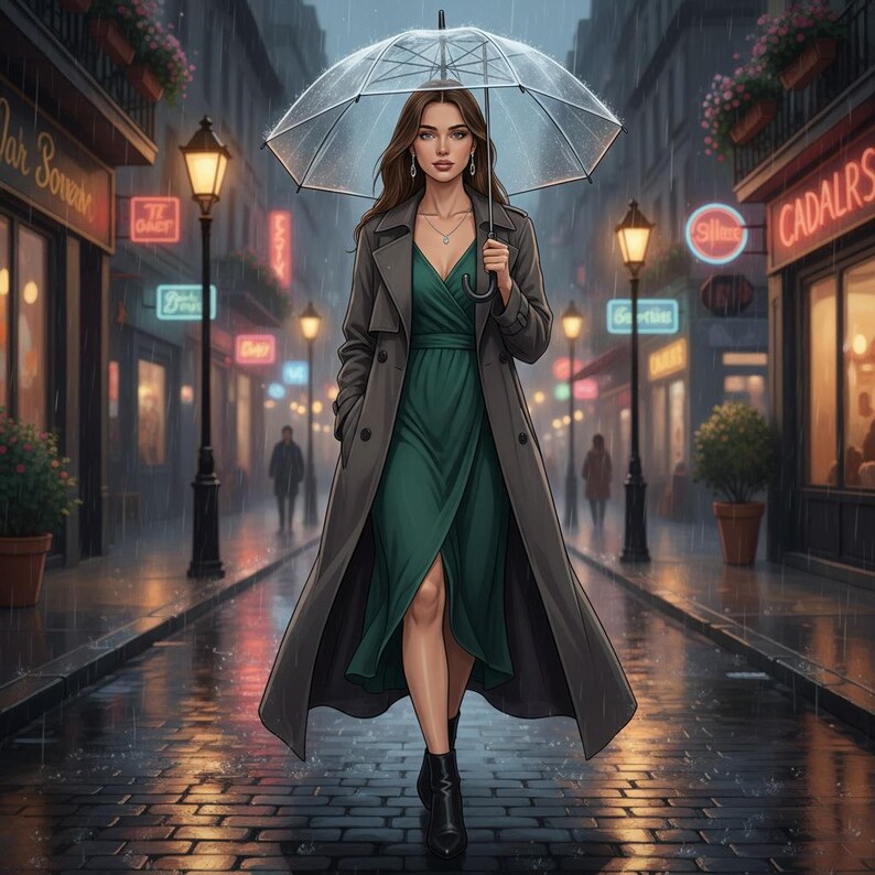 May include: A woman in a long gray coat and a green dress walks down a wet cobblestone street under a clear umbrella. The scene is set in a European city with street lamps and storefronts.