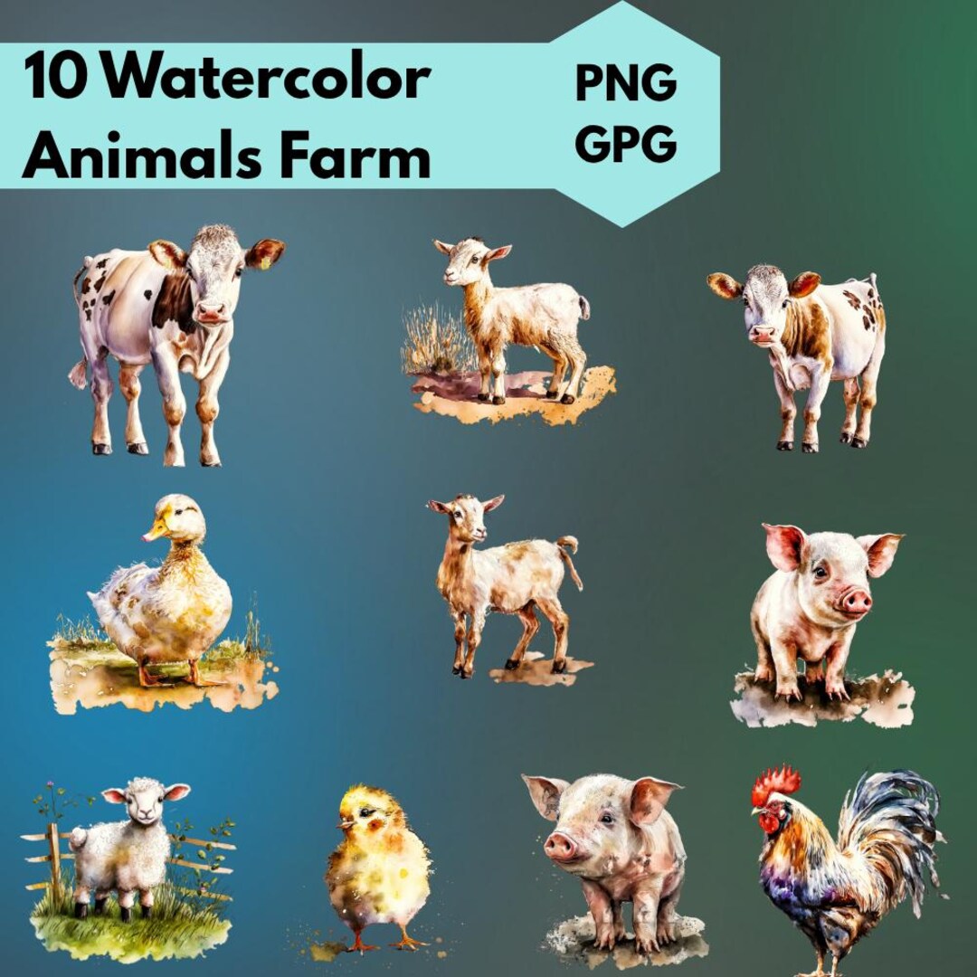 Watercolor Farm Animal PNG Clipart | 10 Cute Sublimation Files | Cow ...