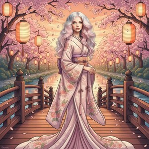 May include: A woman in a pink floral kimono stands on a wooden bridge over a river. Cherry blossom trees and paper lanterns create a serene, traditional Japanese scene. The kimono features floral patterns and a decorative obi.