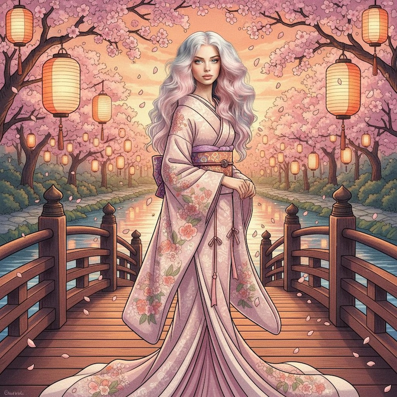 May include: A woman in a pink floral kimono stands on a wooden bridge over a river. Cherry blossom trees and paper lanterns create a serene, traditional Japanese scene. The kimono features floral patterns and a decorative obi.