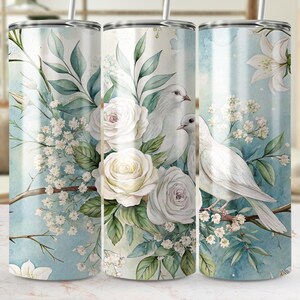 Dove Tumbler Wrap, Floral Tumbler PNG, White Roses Sublimation Designs, Bird Tumbler Wrap, Digital Download