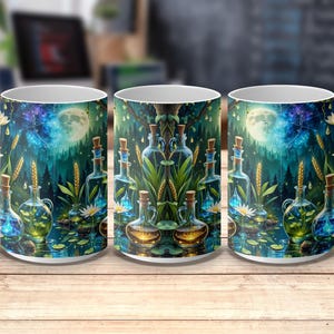 Mystical Digital Art, Moonlit Potions Print, Astrology Chart, Digital Download, Fantasy Illustration, Celestial Decor, 15 oz Mug Wrap