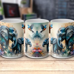 Digital Download, Watercolor Elephant, 15 oz. Mug Wrap, Baby Elephant, Floral Elephants, Bird Art, Mug Design, PNG File