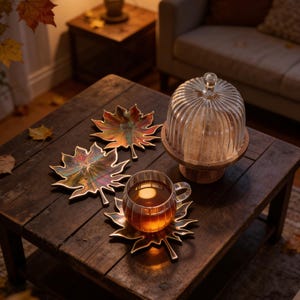 Posavasos artesanal de resina con forma de hoja de arce. Decoración otoñal para la mesa. Regalo único. Posavasos de resina con forma de hoja de arce. Arte otoñal para bebidas. Hogar.