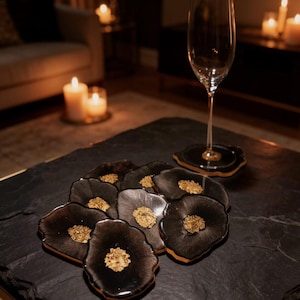 Dessous de verre en résine à motif floral, noirs et dorés, faits main, décoration élégante pour le salon